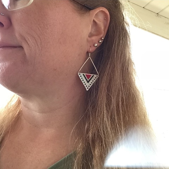Red and Silver Triangle Beaded Earrings, New, Handmade by Me - Picture 5 of 5